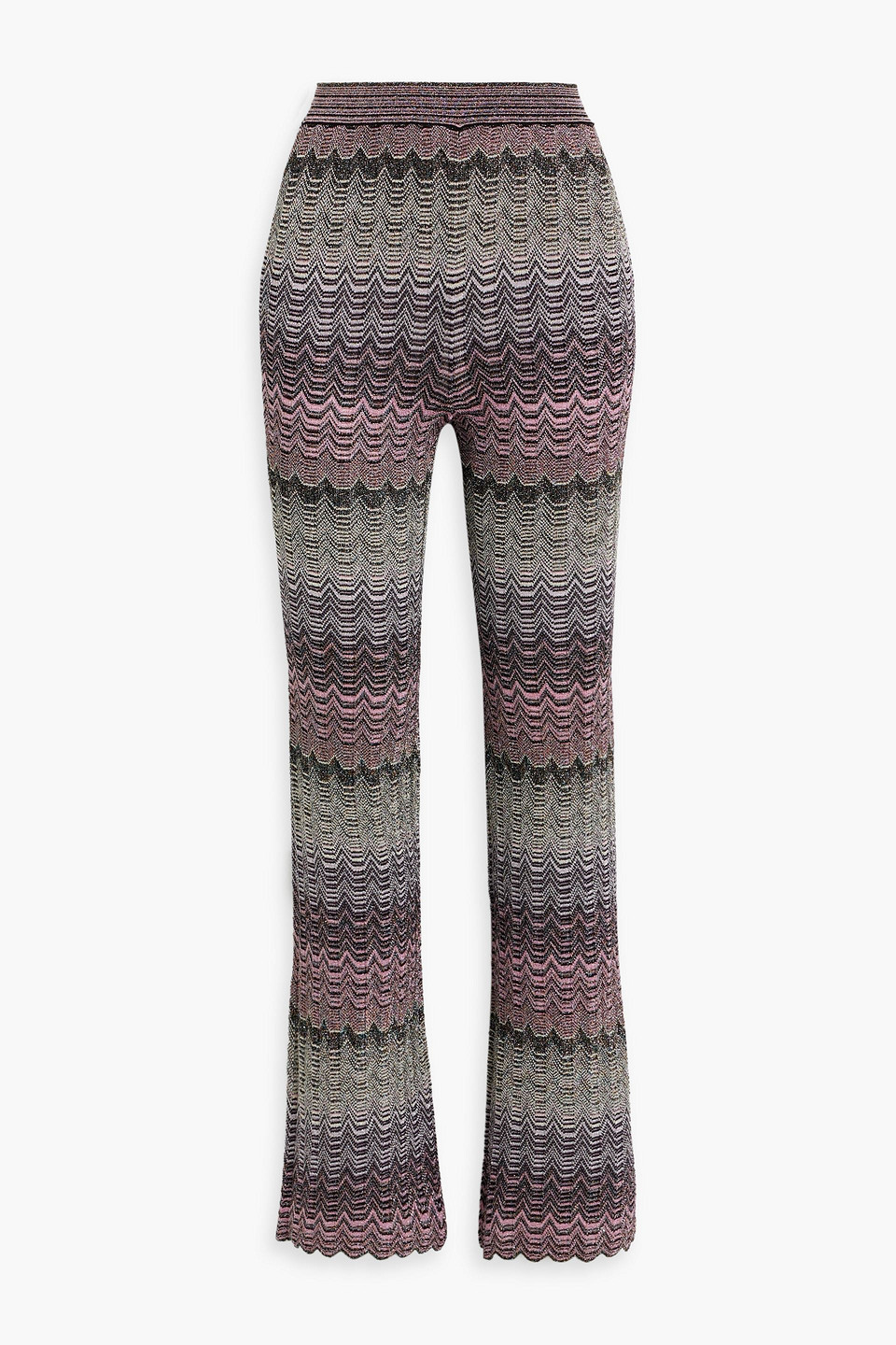 Metallic crochet-knit flared pants