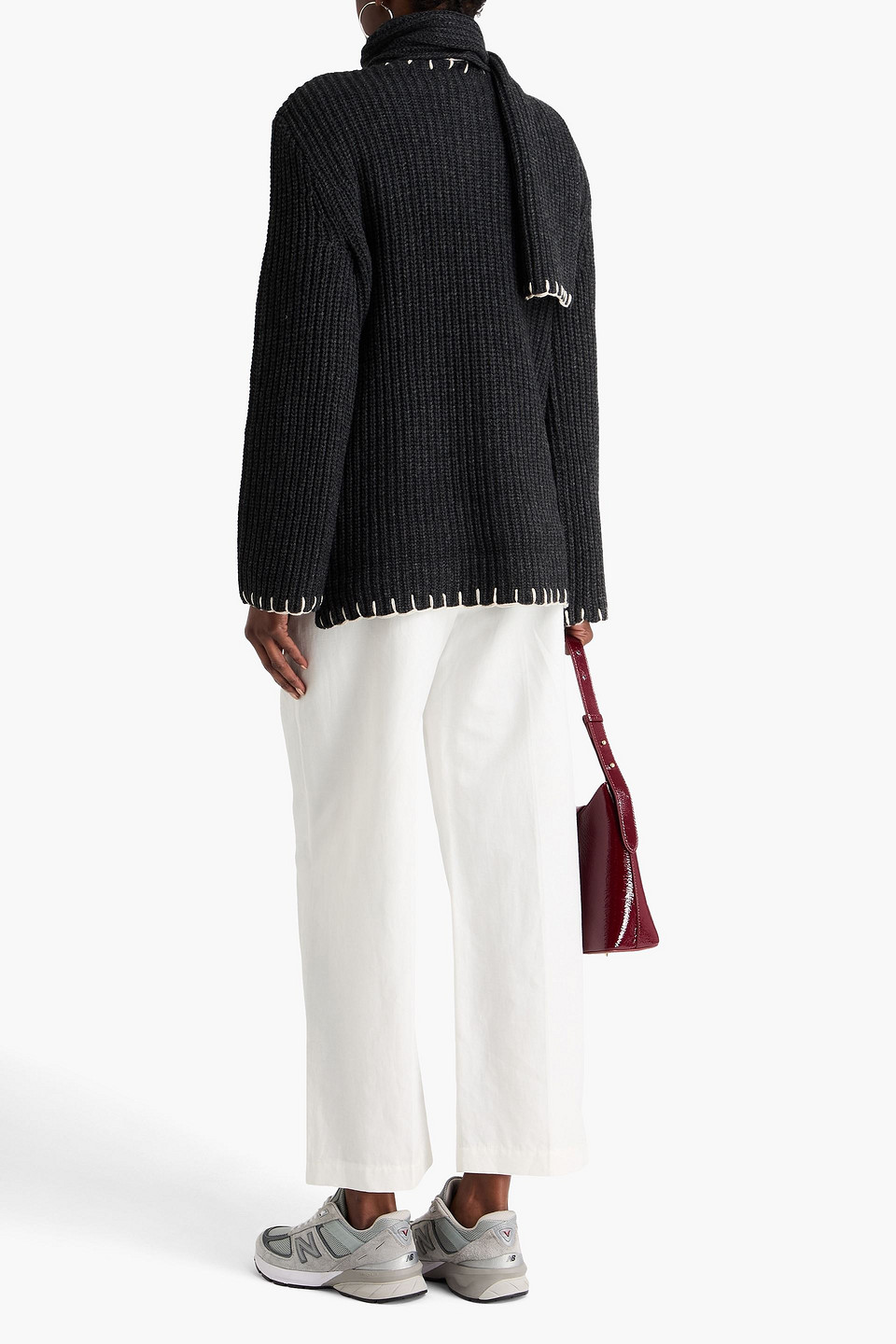 Alex Mill Mae Whipstitch Detail Wool Blend Cardigan With Removable Scarf In Black