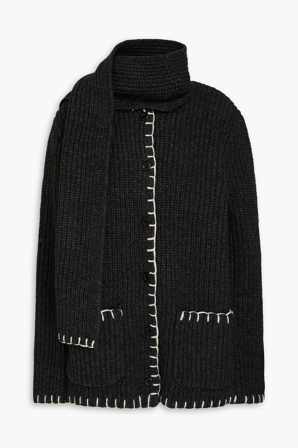 Alex Mill Mae Whipstitch Detail Wool Blend Cardigan With Removable Scarf In Black