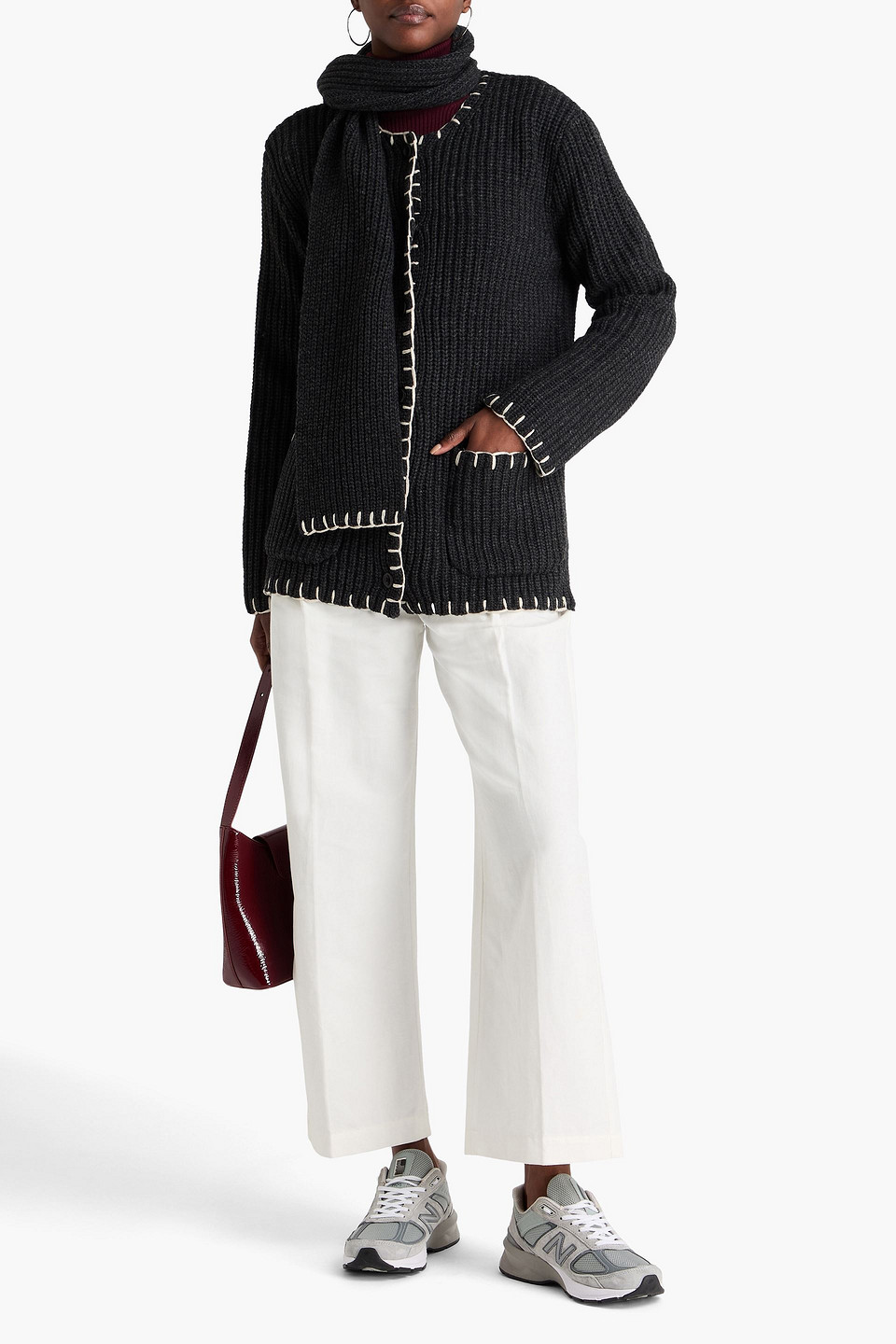 Alex Mill Mae Whipstitch Detail Wool Blend Cardigan With Removable Scarf In Black