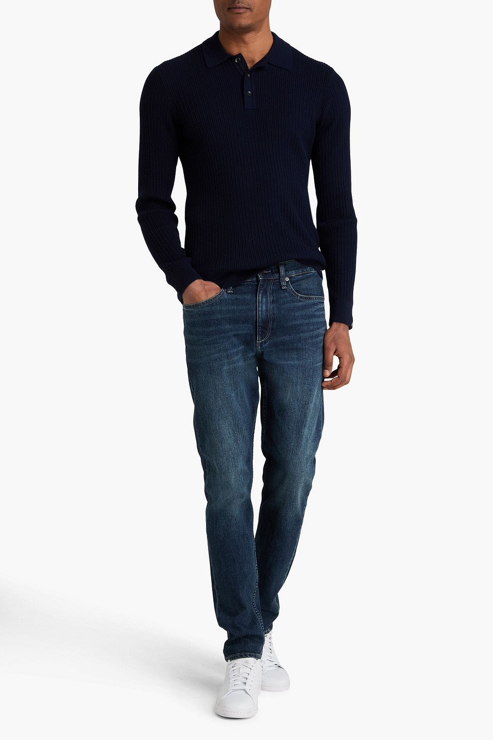  Rag & Bone - Pullover „crawford“ Aus Gerippter Woll-kaschmirmischung Mit Polokragen - Blau - S 
