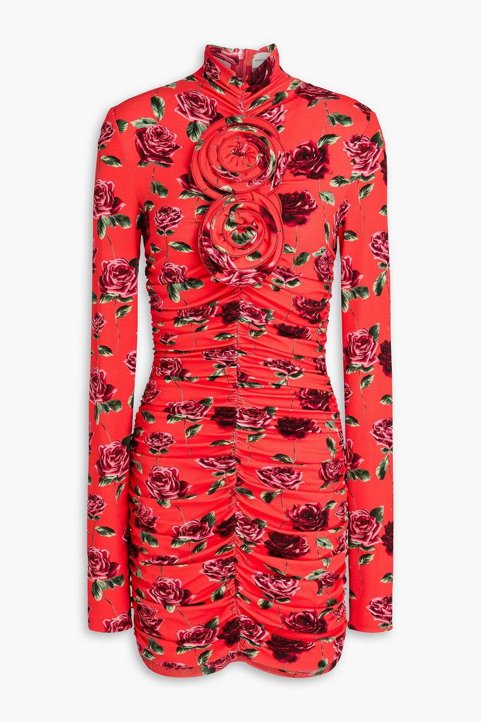 Magda Butrym Floral-appliquéd Ruched Printed Jersey Mini Dress In Red