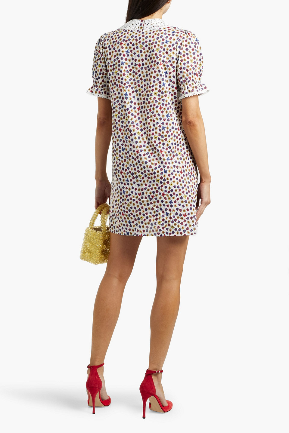 HVN MARIE CROCHETED LACE-TRIMMED FLORAL-PRINT COTTON MINI DRESS
