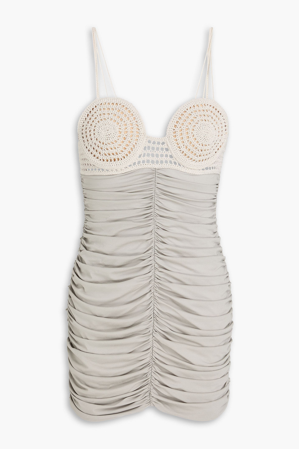 Magda Butrym Crochet-paneled Ruched Jersey Mini Dress In Light Gray
