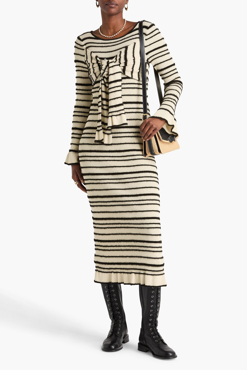  By Malene Birger - Damira Gestreiftes Midikleid Aus Einer Baumwollmischung Mit Intarsienmuster Und Knotendetail - Weiß - Xs 