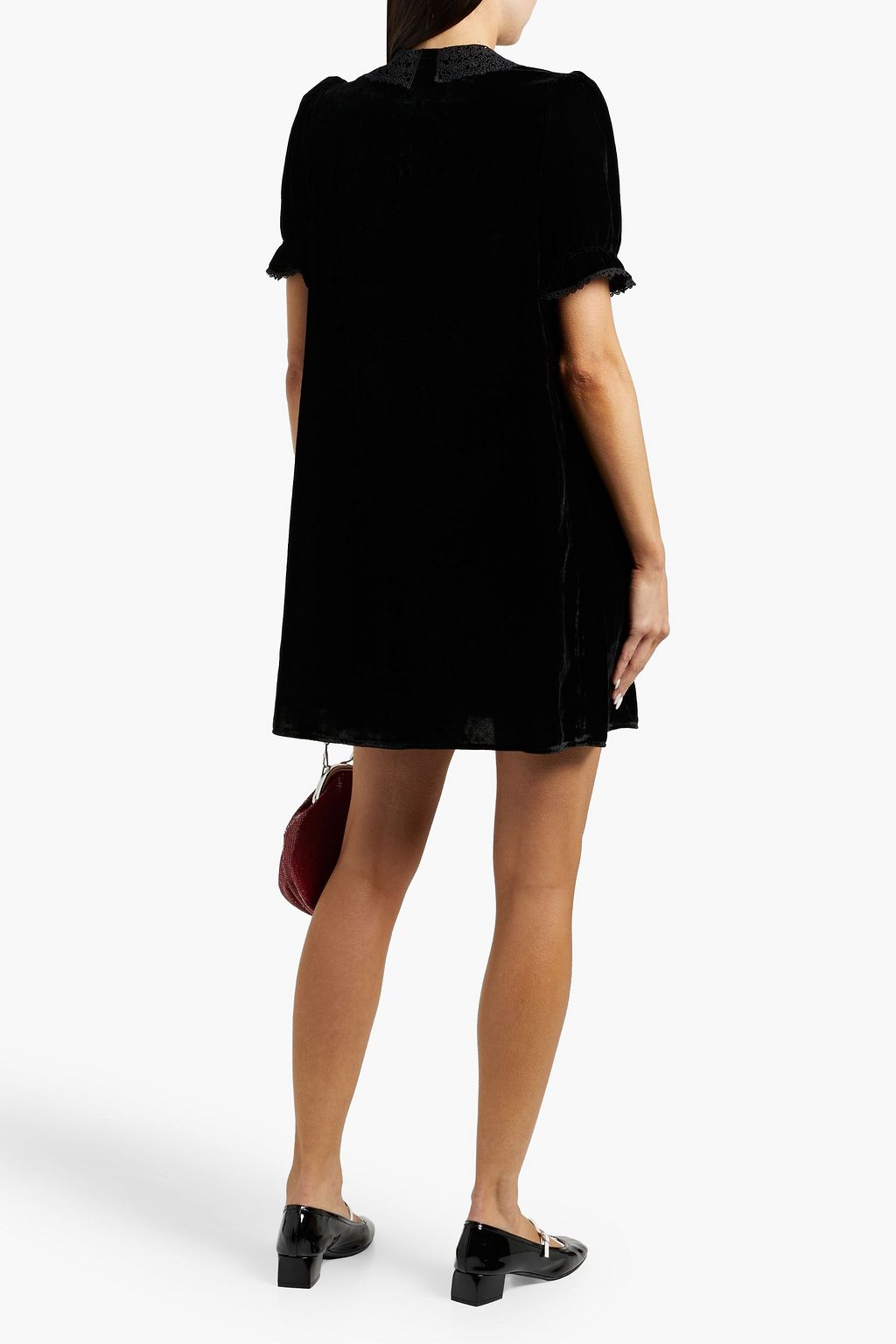 HVN Marie crocheted lace-trimmed velvet mini dress