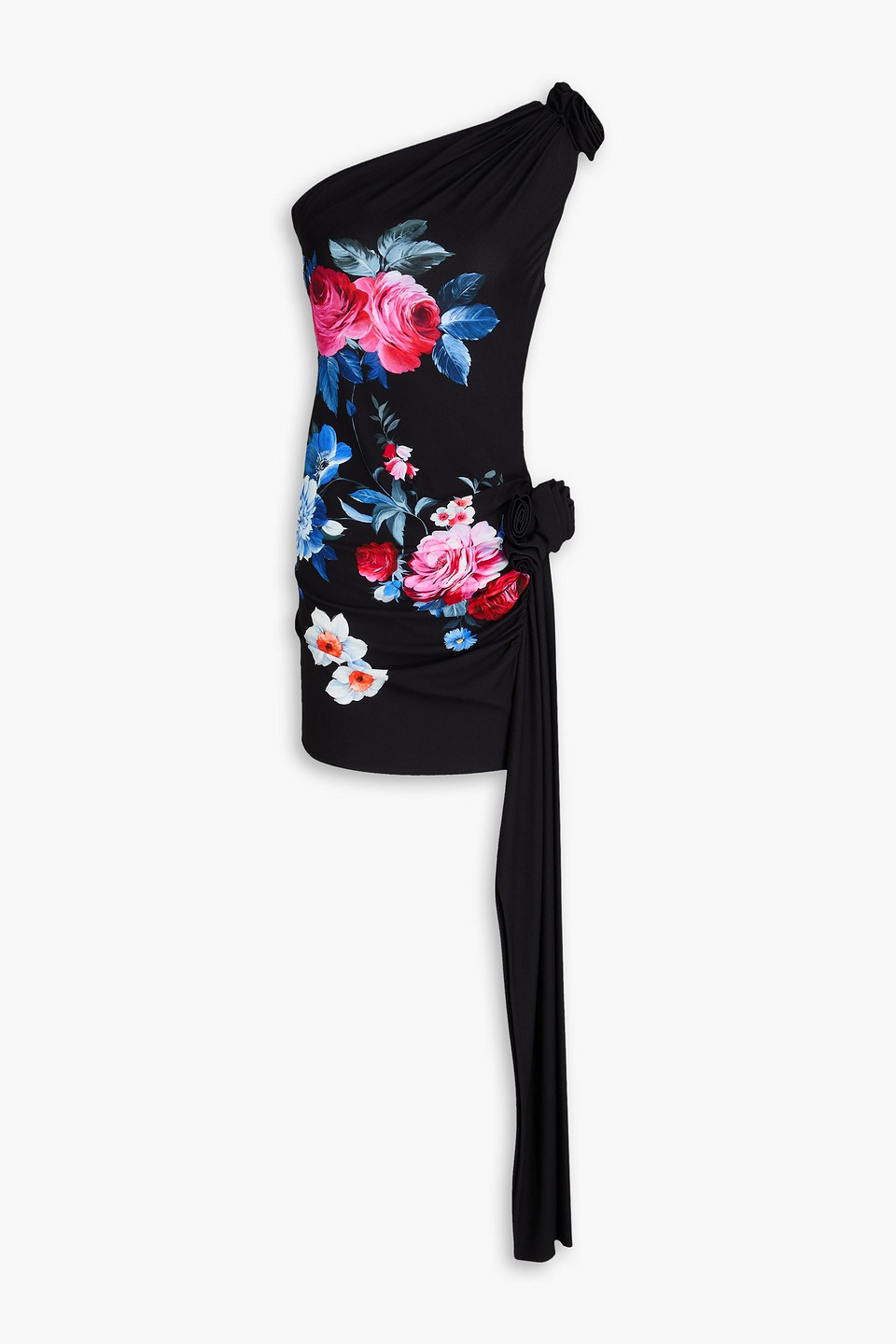 Magda Butrym One-shoulder Appliquéd Floral-print Jersey Mini Dress In Black