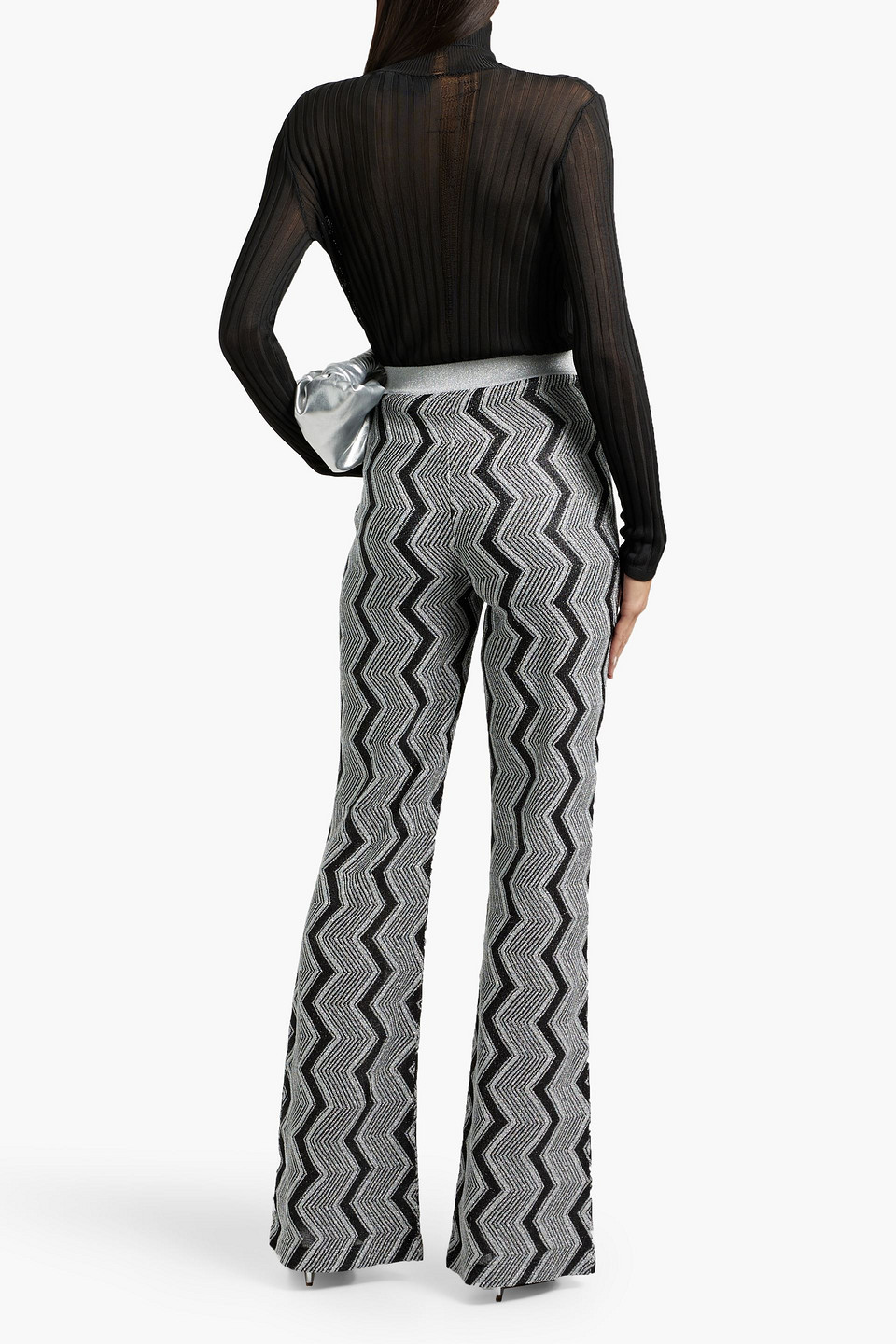 Shop Missoni Metallic Crochet-knit Flared Pants In Silver