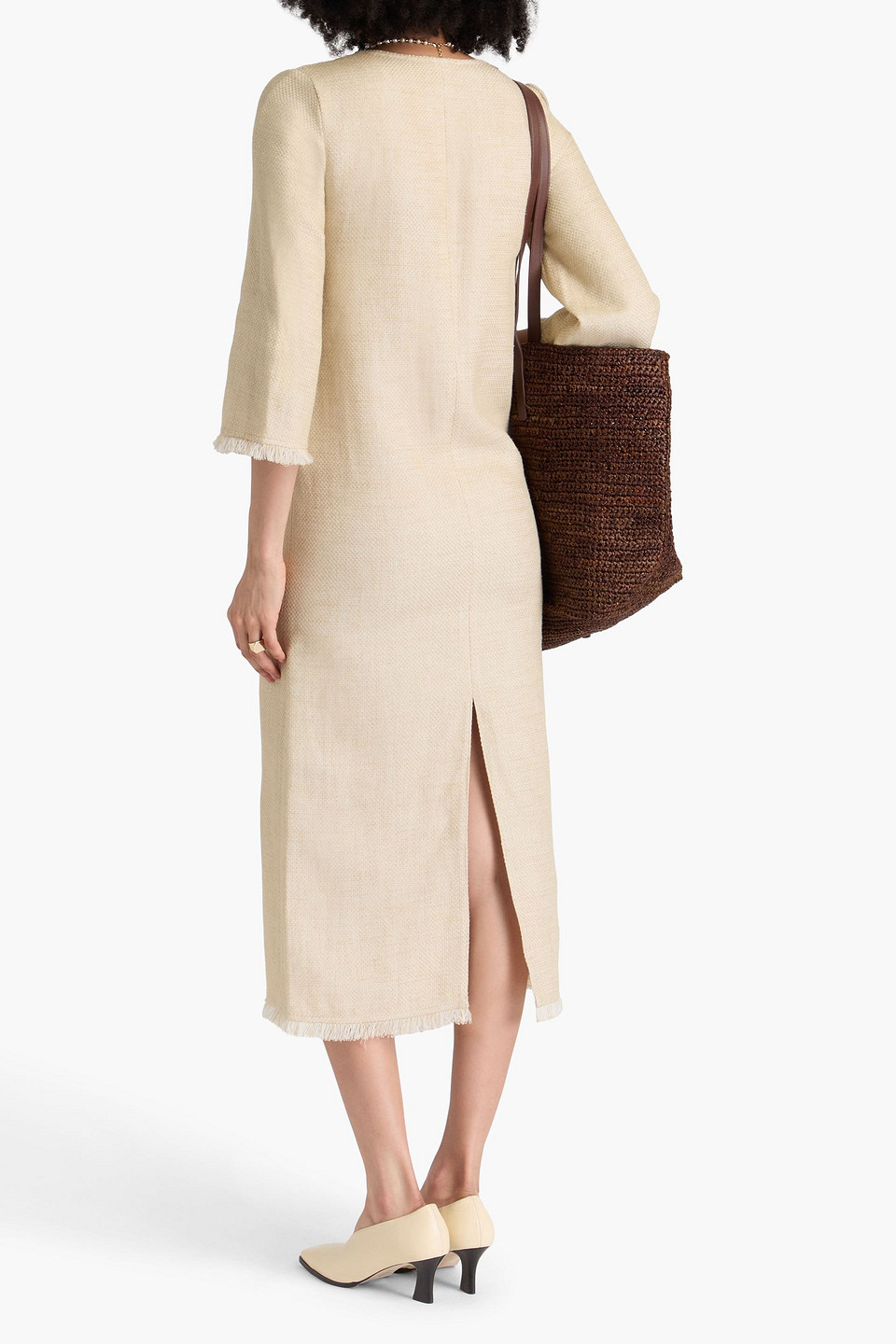 BY MALENE BIRGER DELANY FRINGED LINEN-BLEND JACQUARD MIDI DRESS