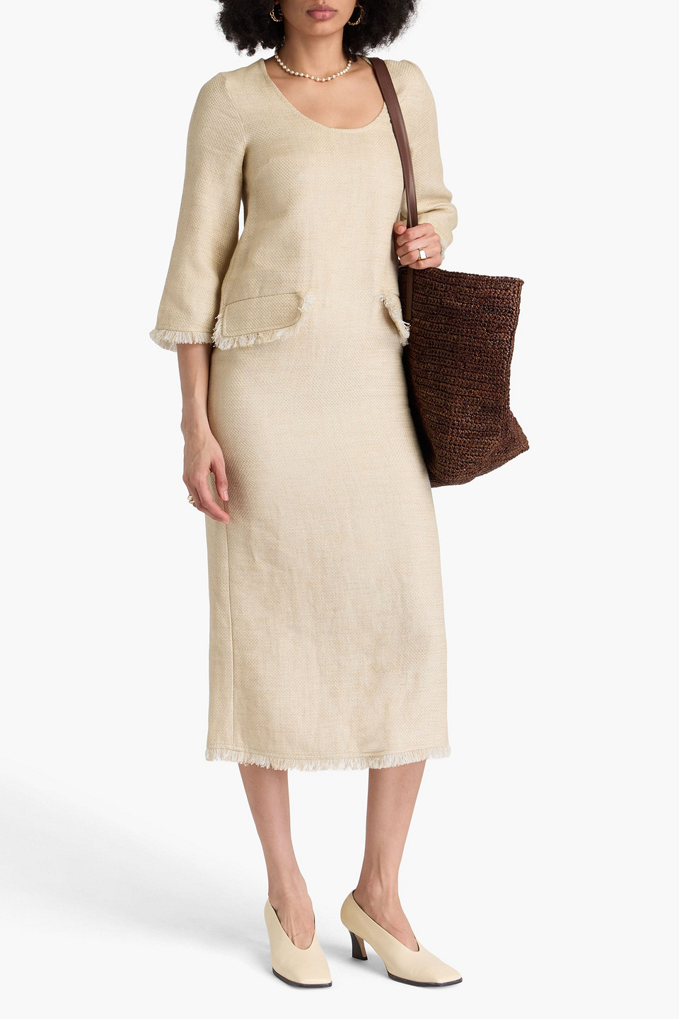 BY MALENE BIRGER DELANY FRINGED LINEN-BLEND JACQUARD MIDI DRESS