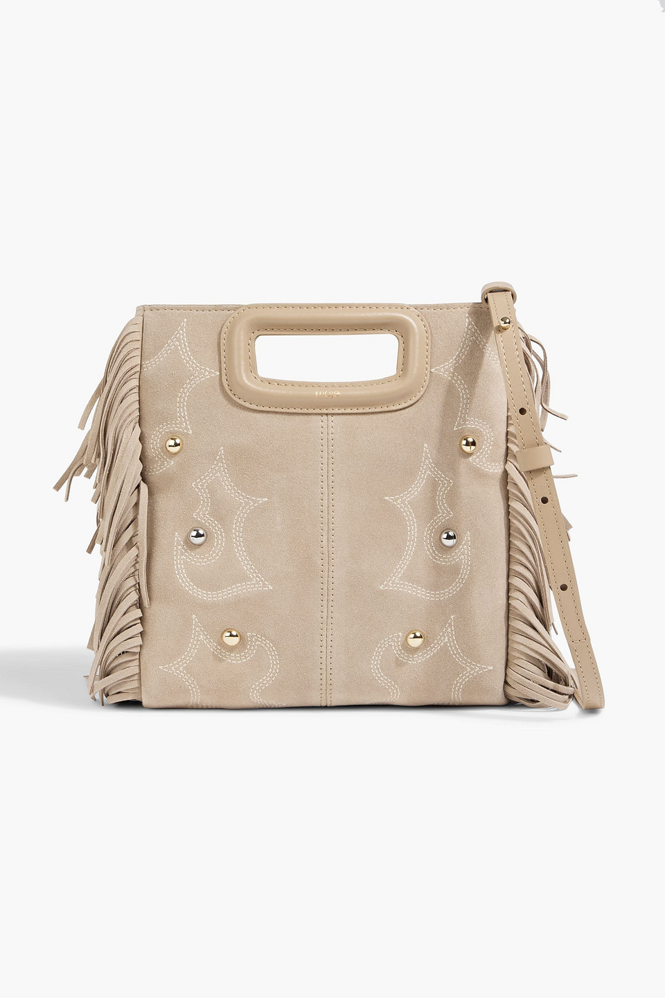 Maje Fringed Embroidered Suede Tote In Mushroom