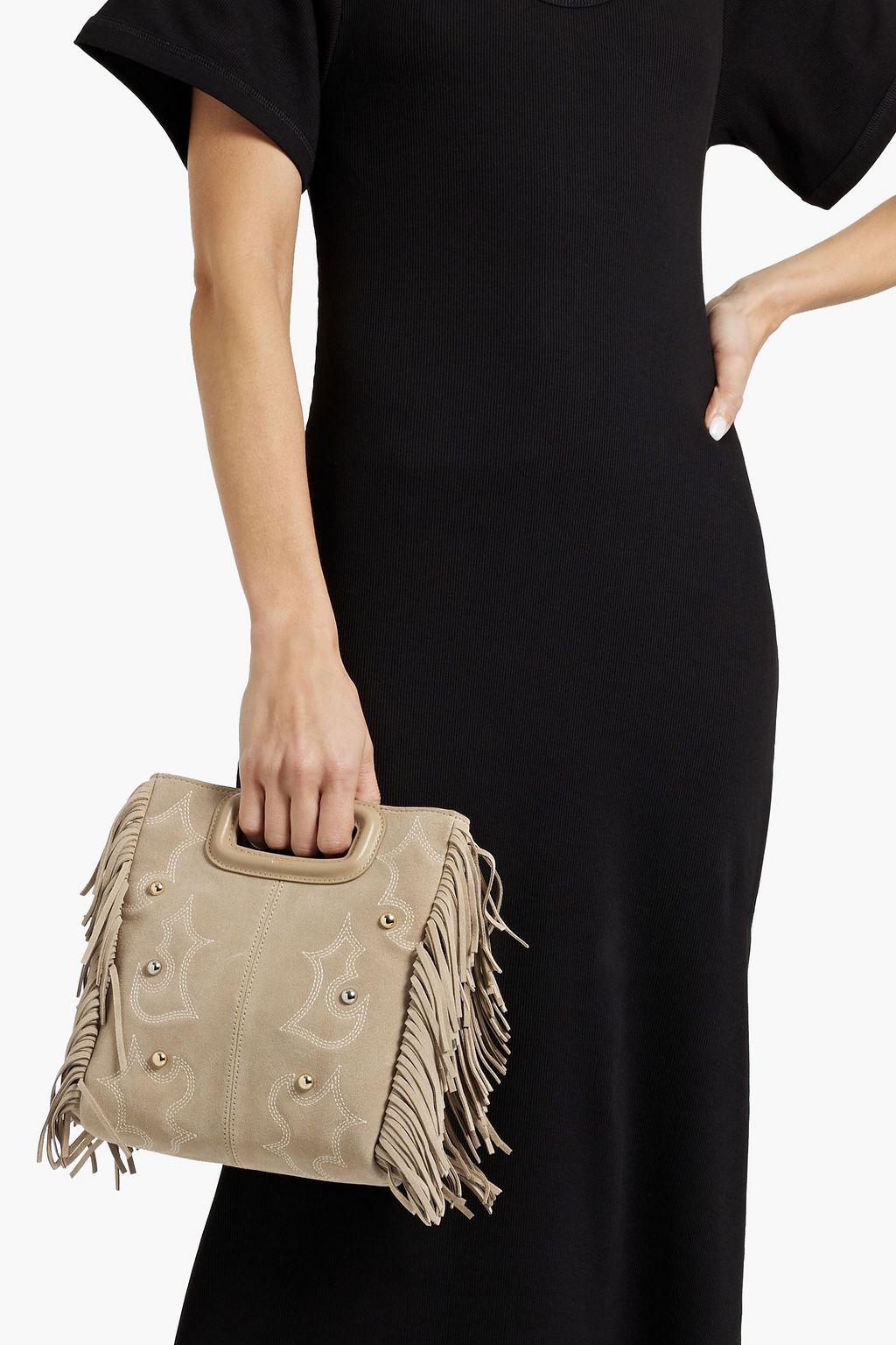 MAJE Fringed embroidered suede tote