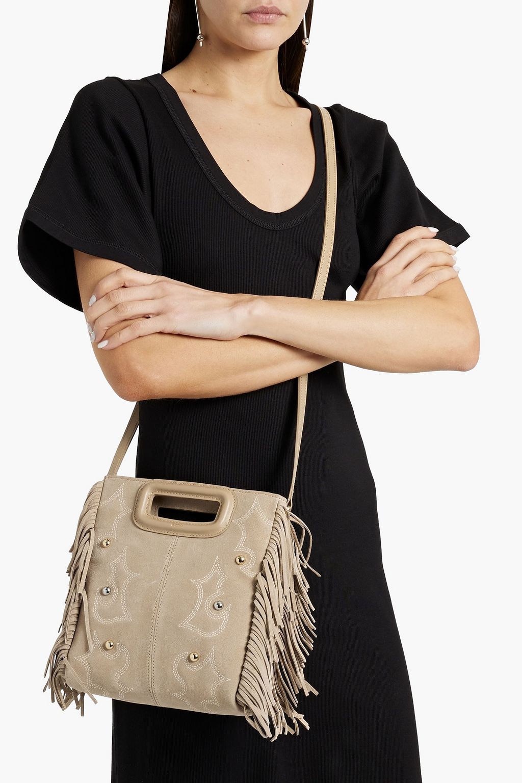 MAJE Fringed embroidered suede tote