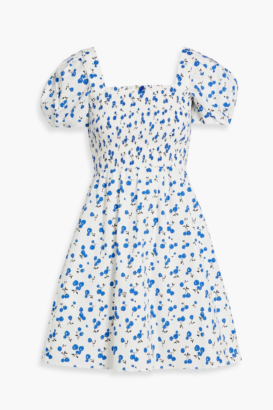 Hvn Fromer Shirred Printed Cotton-blend Poplin Mini Dress In Royal Blue