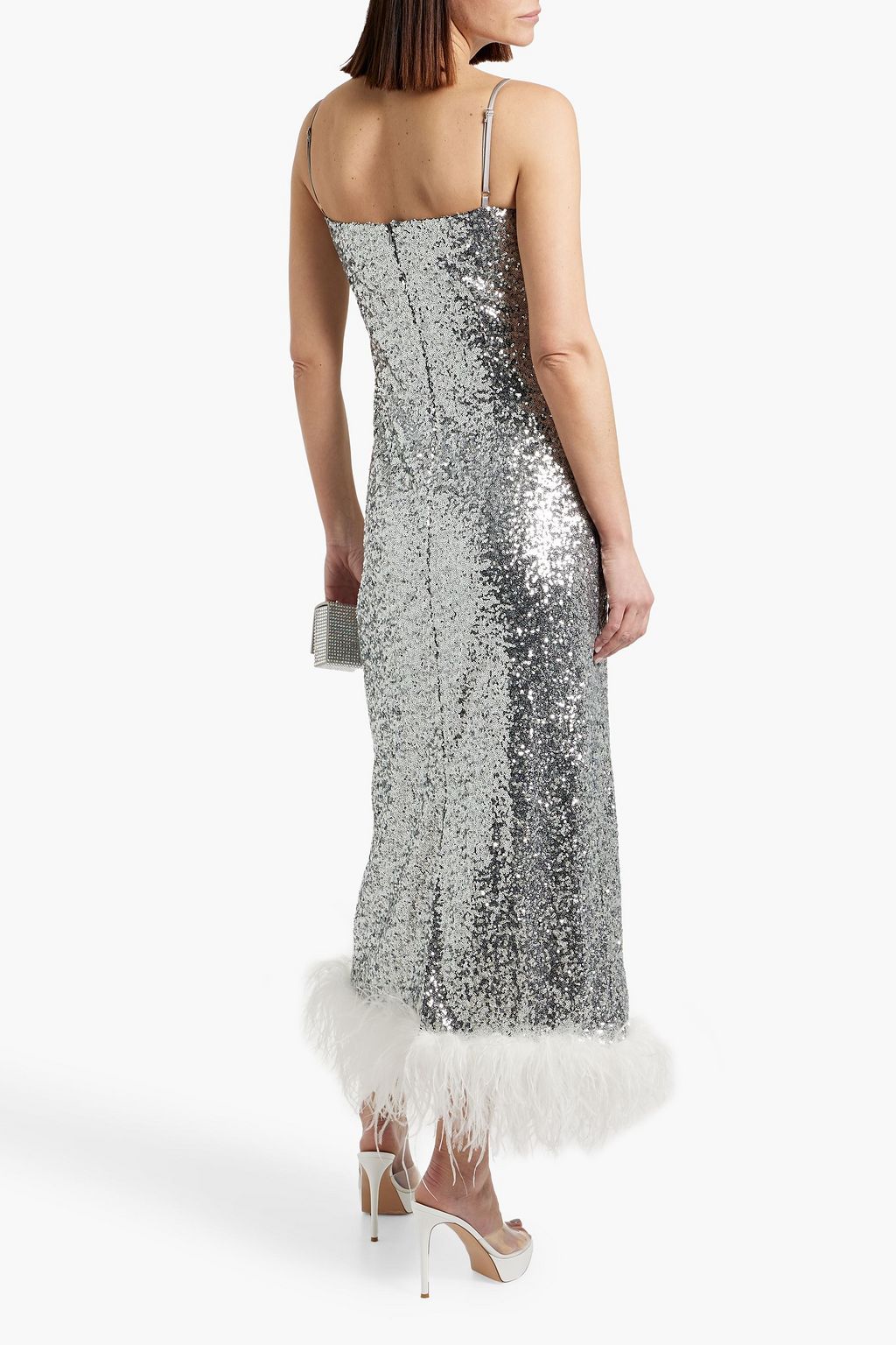 HVN Cora feather-trimmed sequined tulle maxi dress
