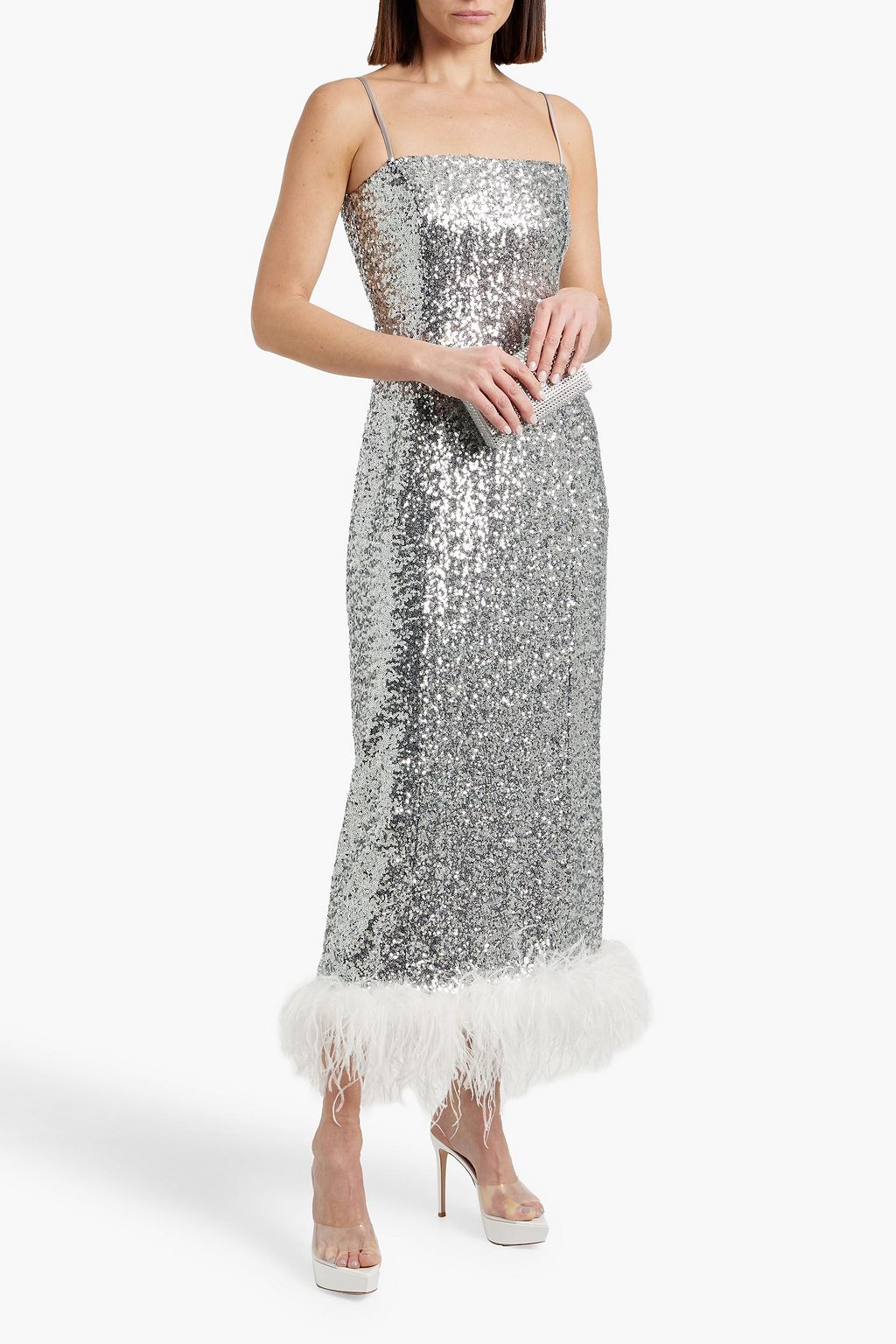 HVN Cora feather-trimmed sequined tulle maxi dress