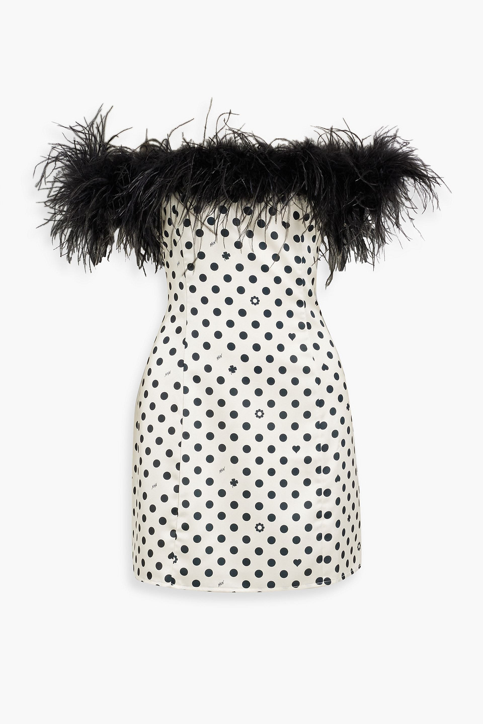 Hvn Sadie Off-the-shoulder Feather-trimmed Printed Charmeuse Mini Dress In White