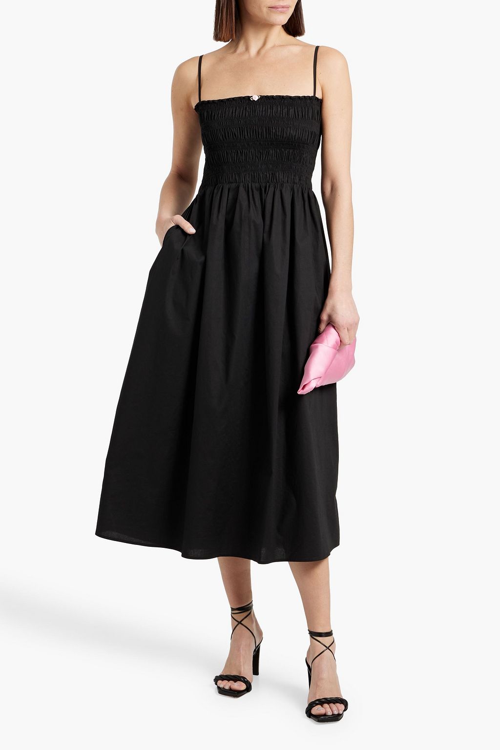 HVN Lucy shirred cotton-blend poplin midi dress