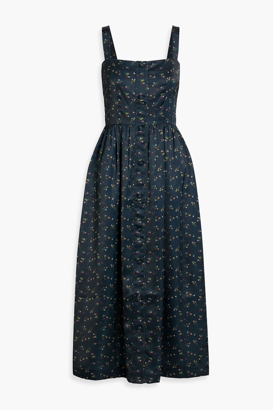 Hvn Laura Floral-print Satin Midi Dress In Midnight Blue