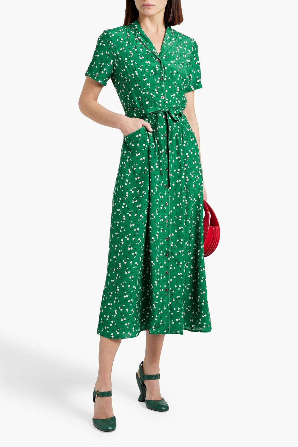 HVN MARIA PRINTED SILK MIDI DRESS