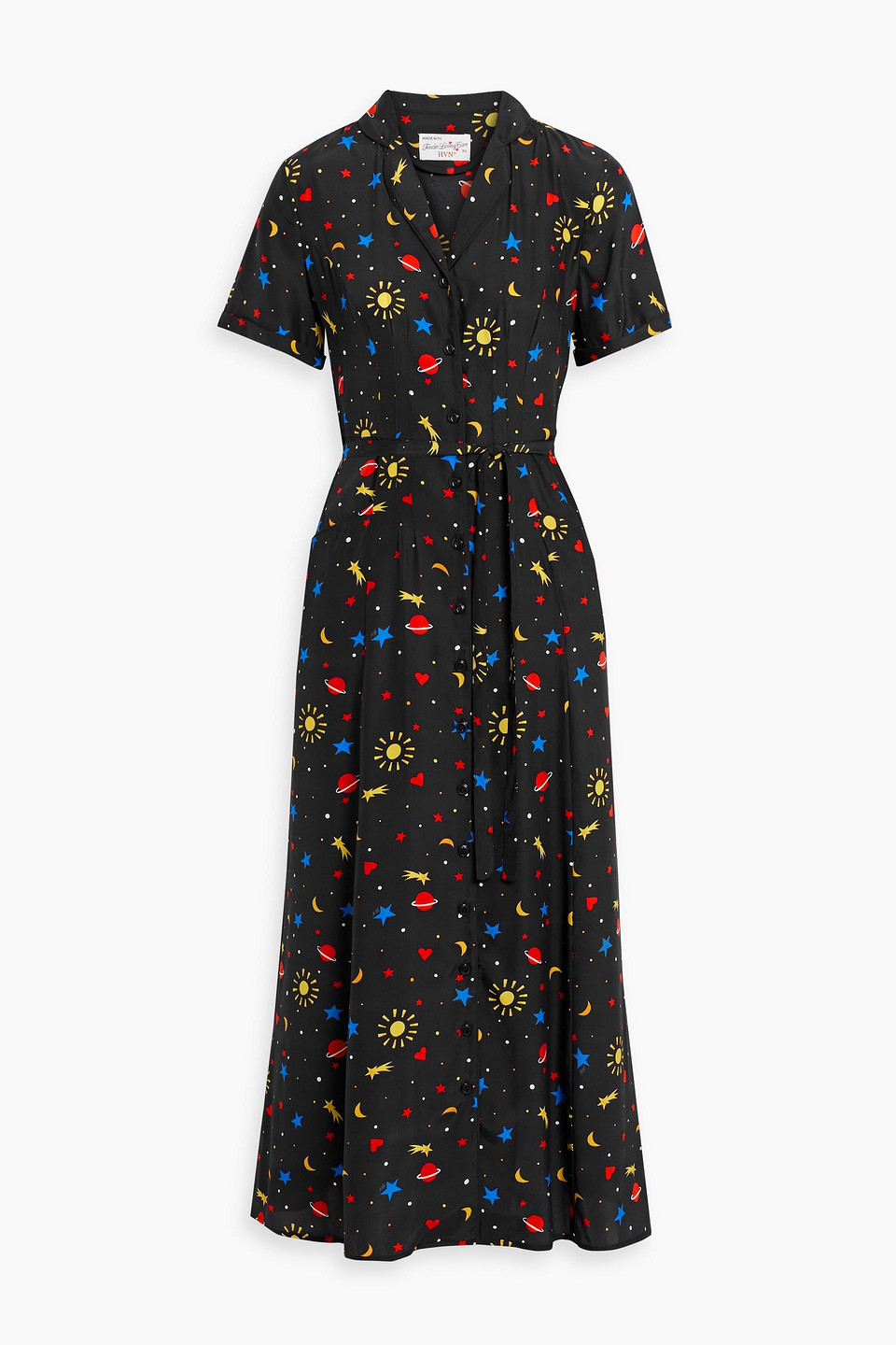 Hvn Maria Printed Silk Midi Dress In Black