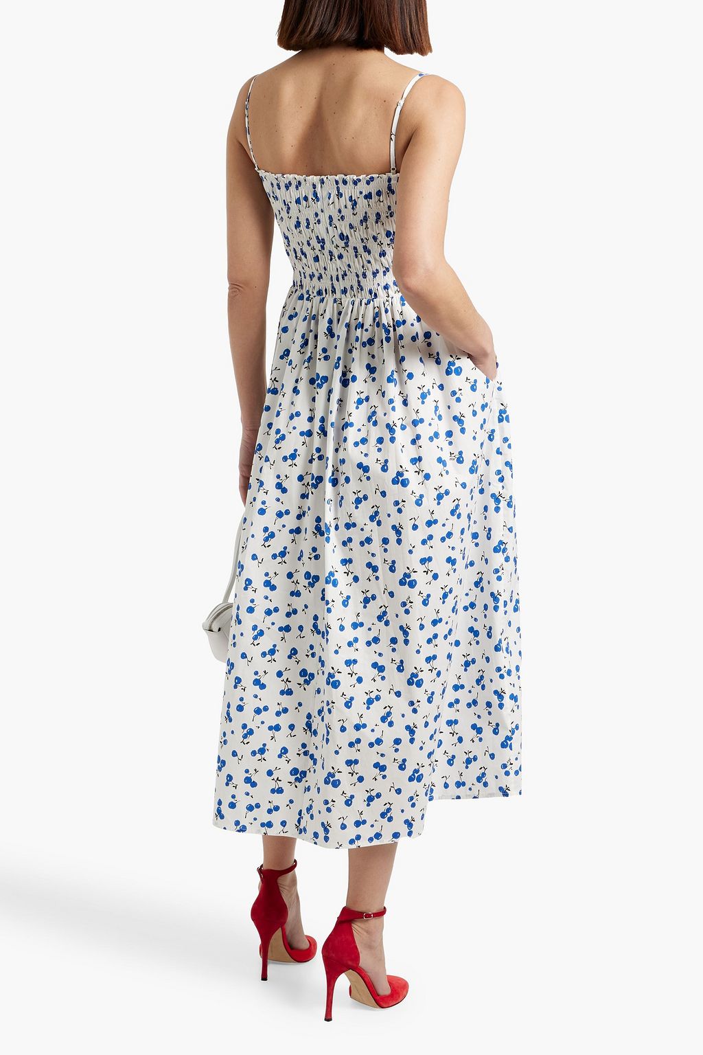 HVN Lucy shirred printed cotton-blend poplin midi dress