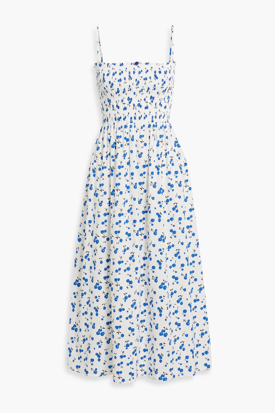 Hvn Lucy Shirred Printed Cotton-blend Poplin Midi Dress In Royal Blue