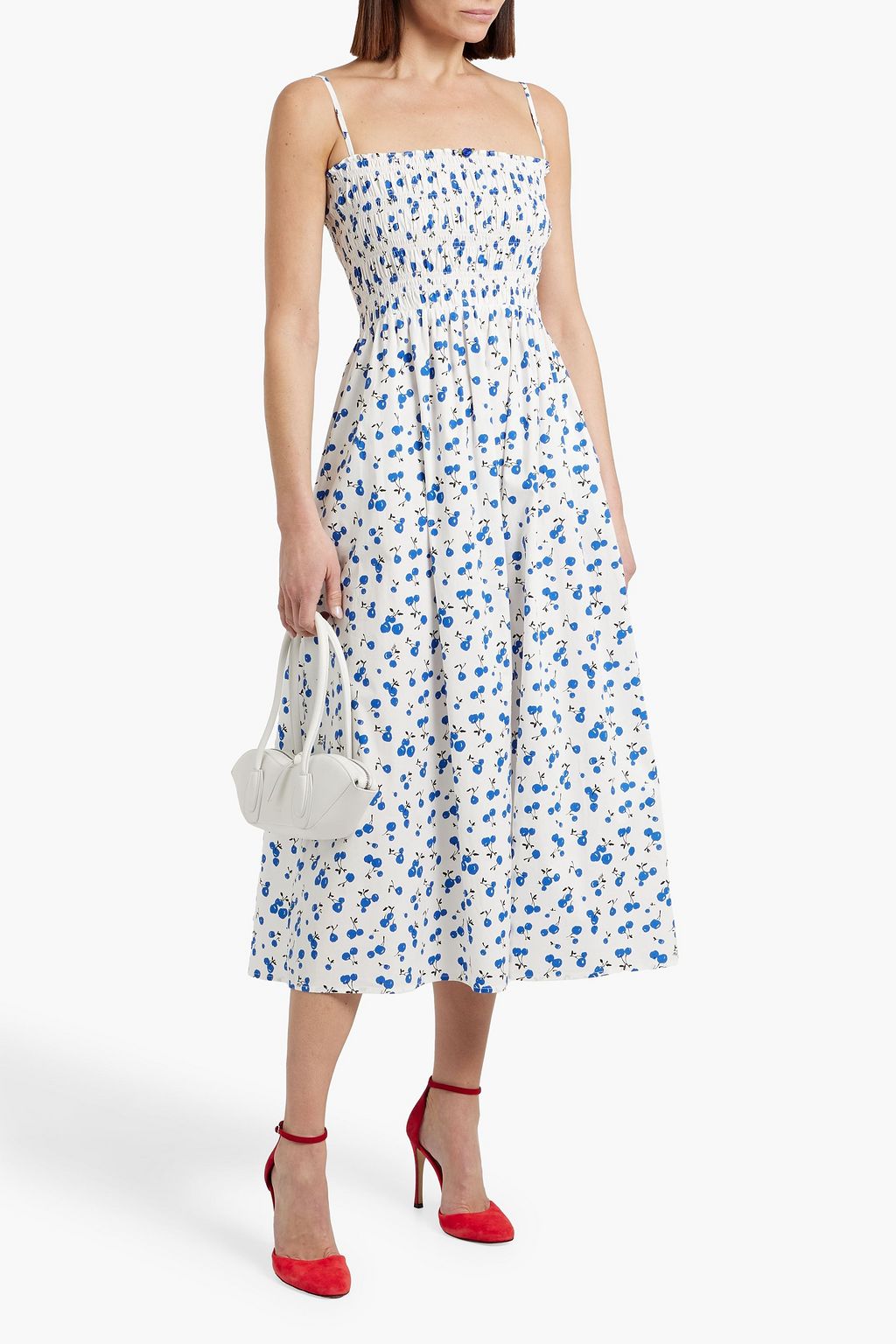 HVN Lucy shirred printed cotton-blend poplin midi dress