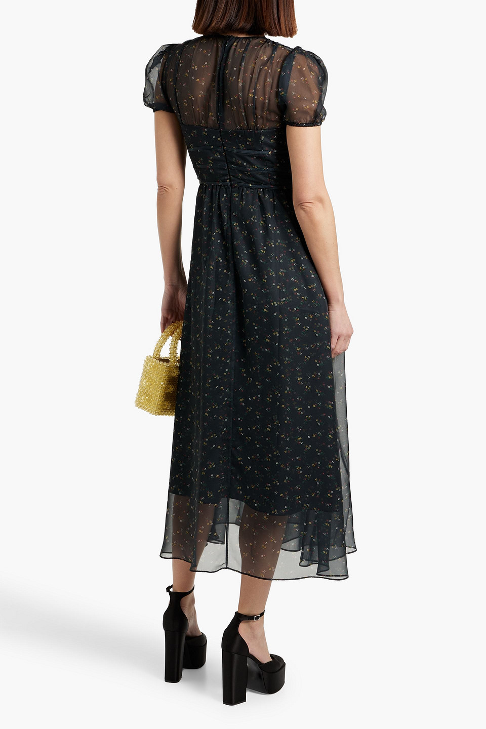 HVN SCARLETT LAYERED FLORAL-PRINT CHIFFON AND SATIN MIDI DRESS