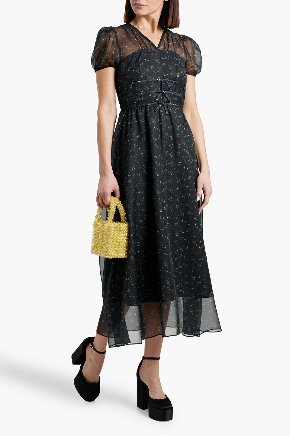 HVN SCARLETT LAYERED FLORAL-PRINT CHIFFON AND SATIN MIDI DRESS