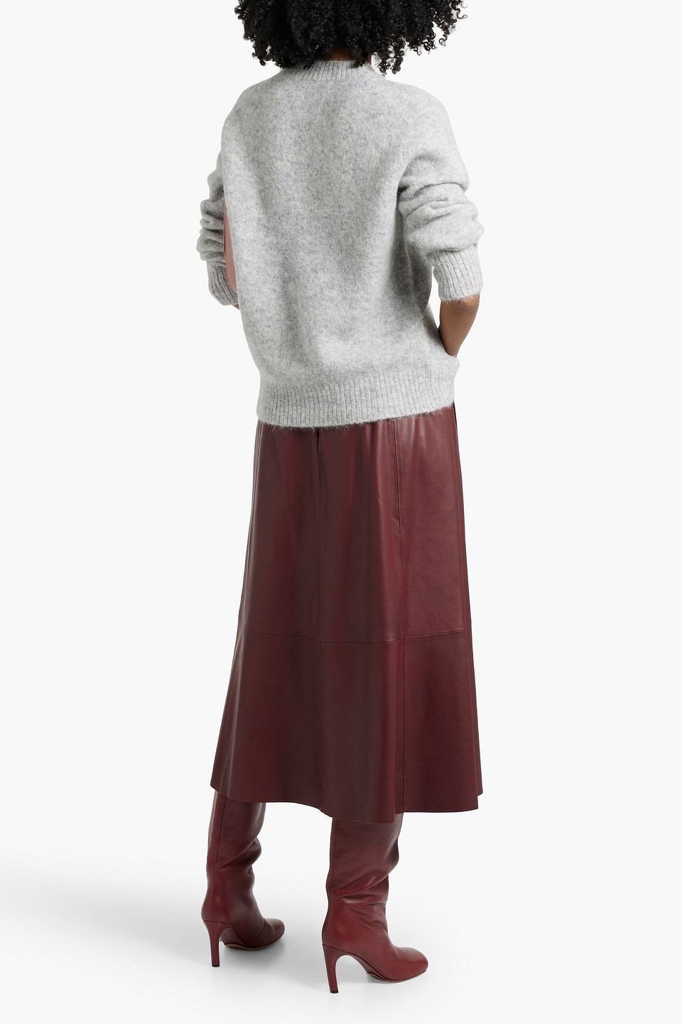 Vince Leather Midi Skirt In Burgundy