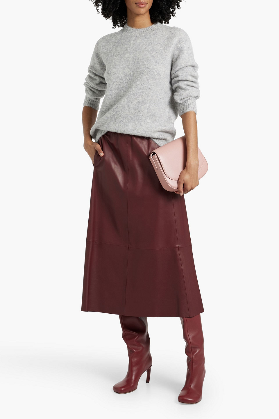 Vince Leather Midi Skirt In Burgundy