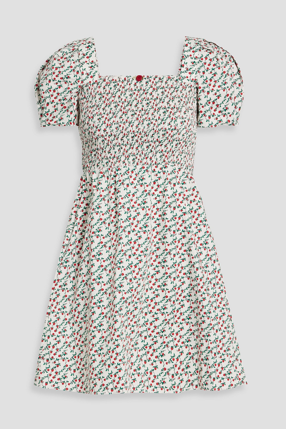 Hvn Fromer Shirred Floral-print Cotton-blend Poplin Mini Dress In Off-white