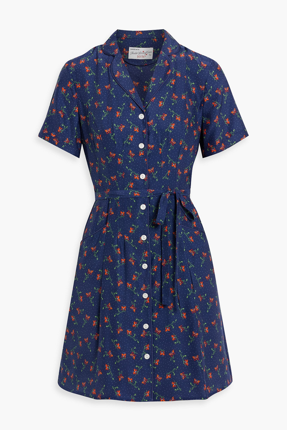Hvn Maria Printed Silk Mini Shirt Dress In Navy