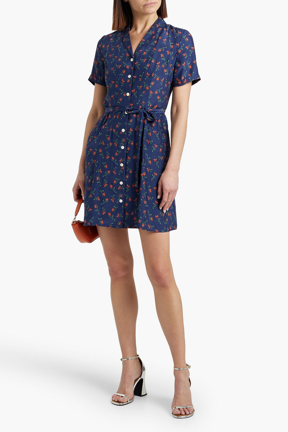 HVN MARIA PRINTED SILK MINI SHIRT DRESS