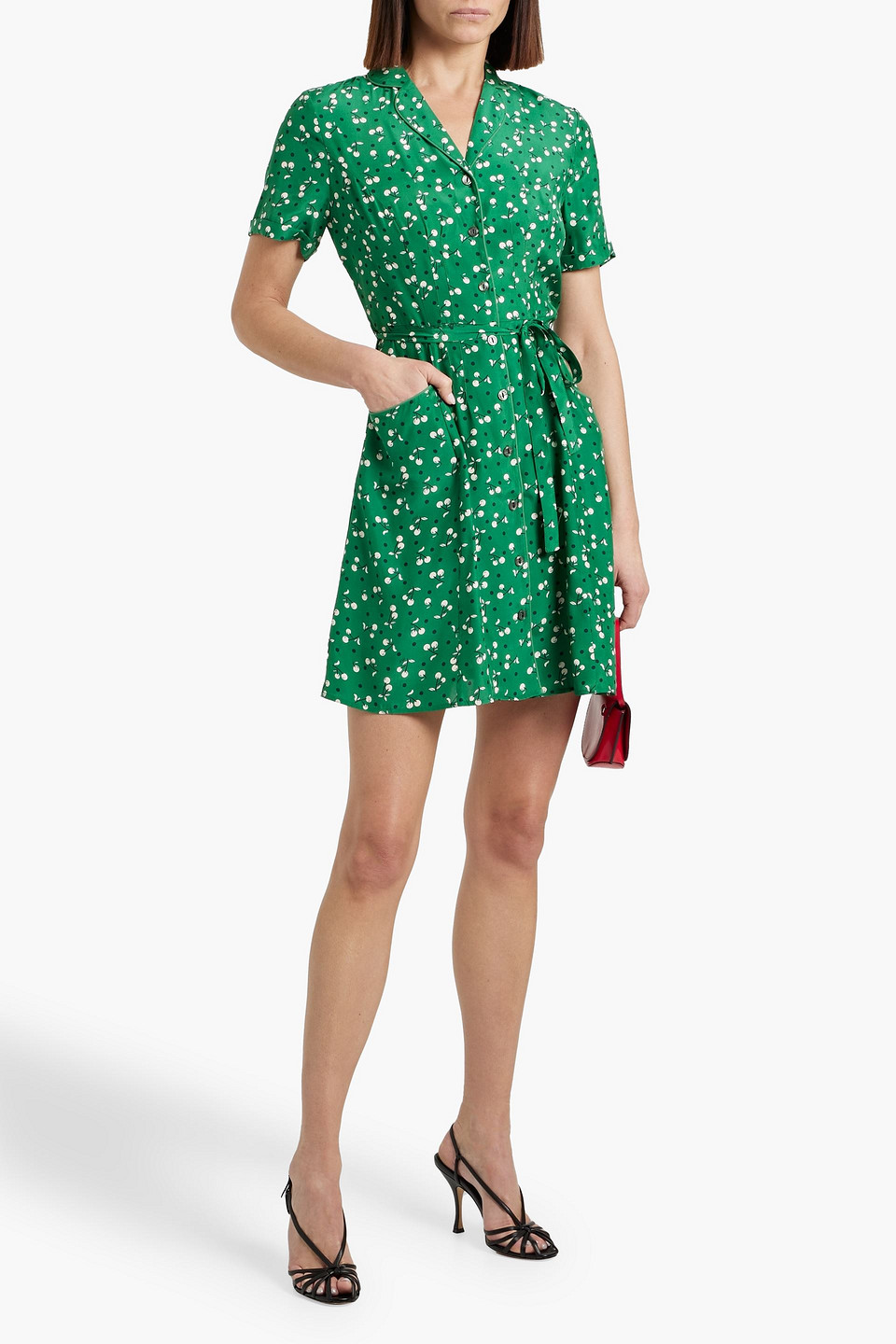 HVN MARIA PRINTED SILK MINI SHIRT DRESS