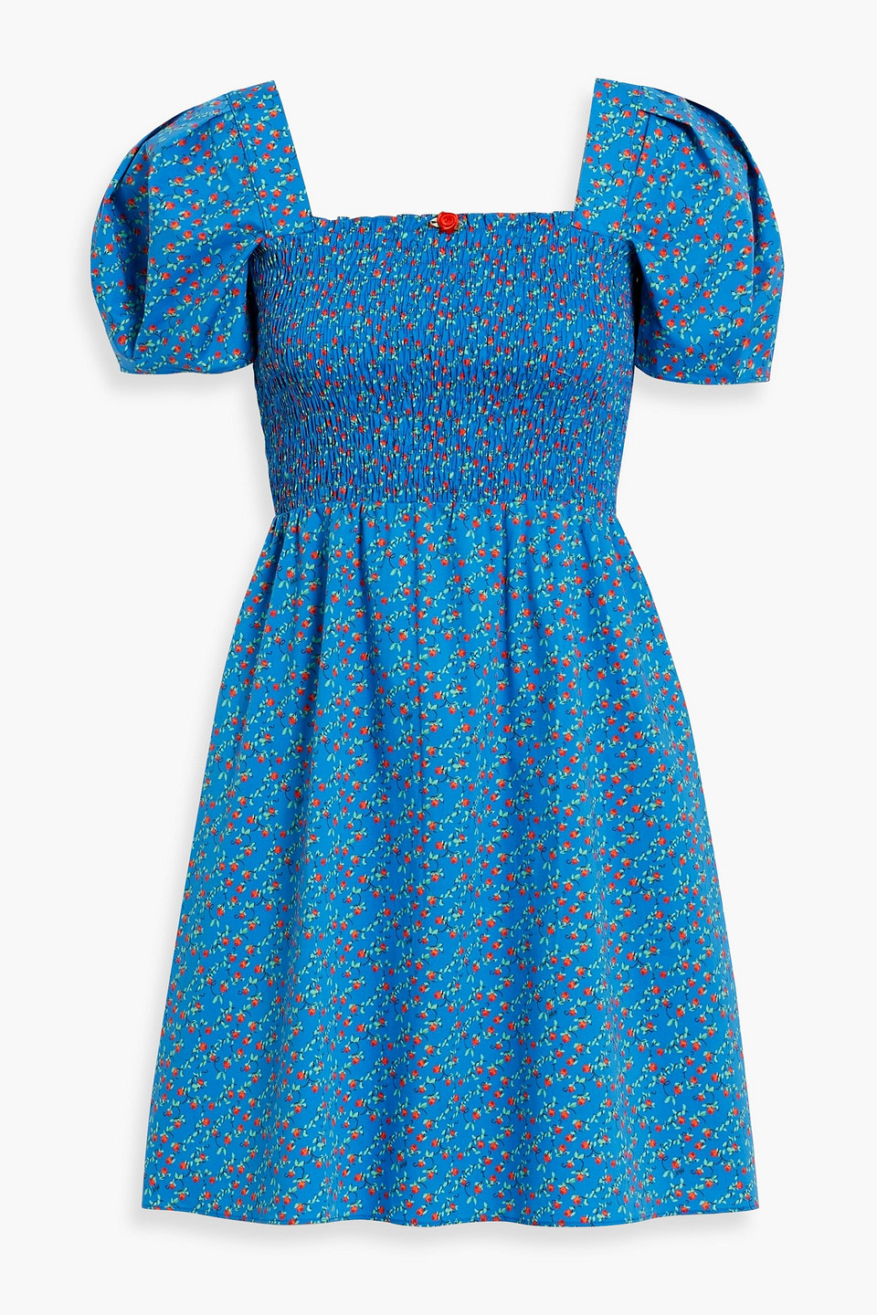Hvn Fromer Shirred Floral-print Cotton-poplin Mini Dress In Blue