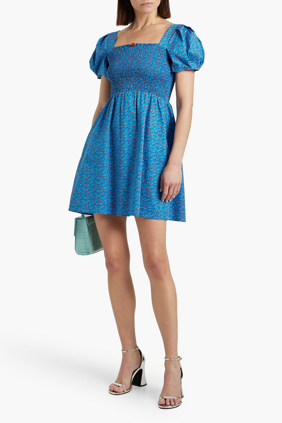 HVN FROMER SHIRRED FLORAL-PRINT COTTON-POPLIN MINI DRESS