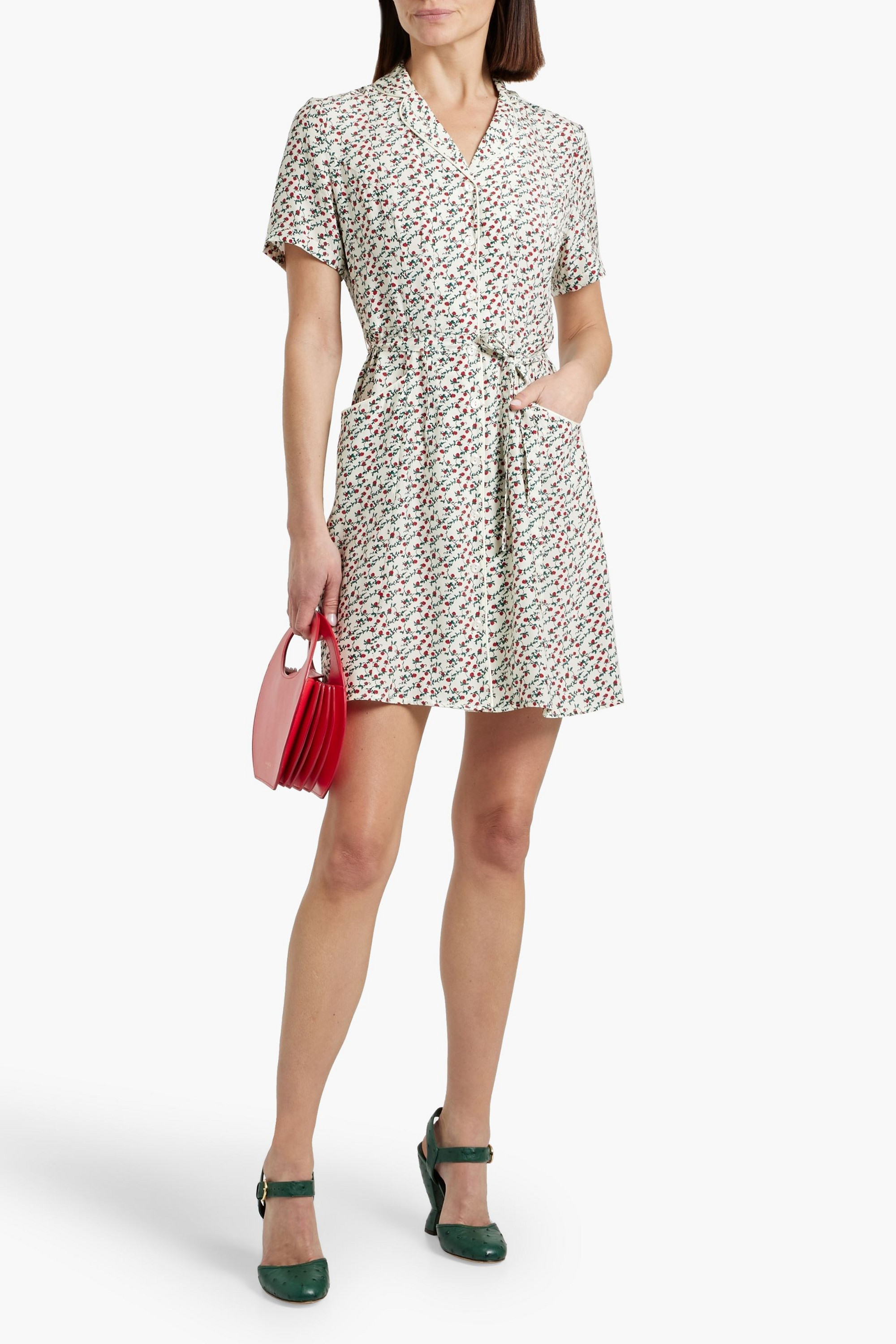 HVN Maria floral-print silk mini shirt dress