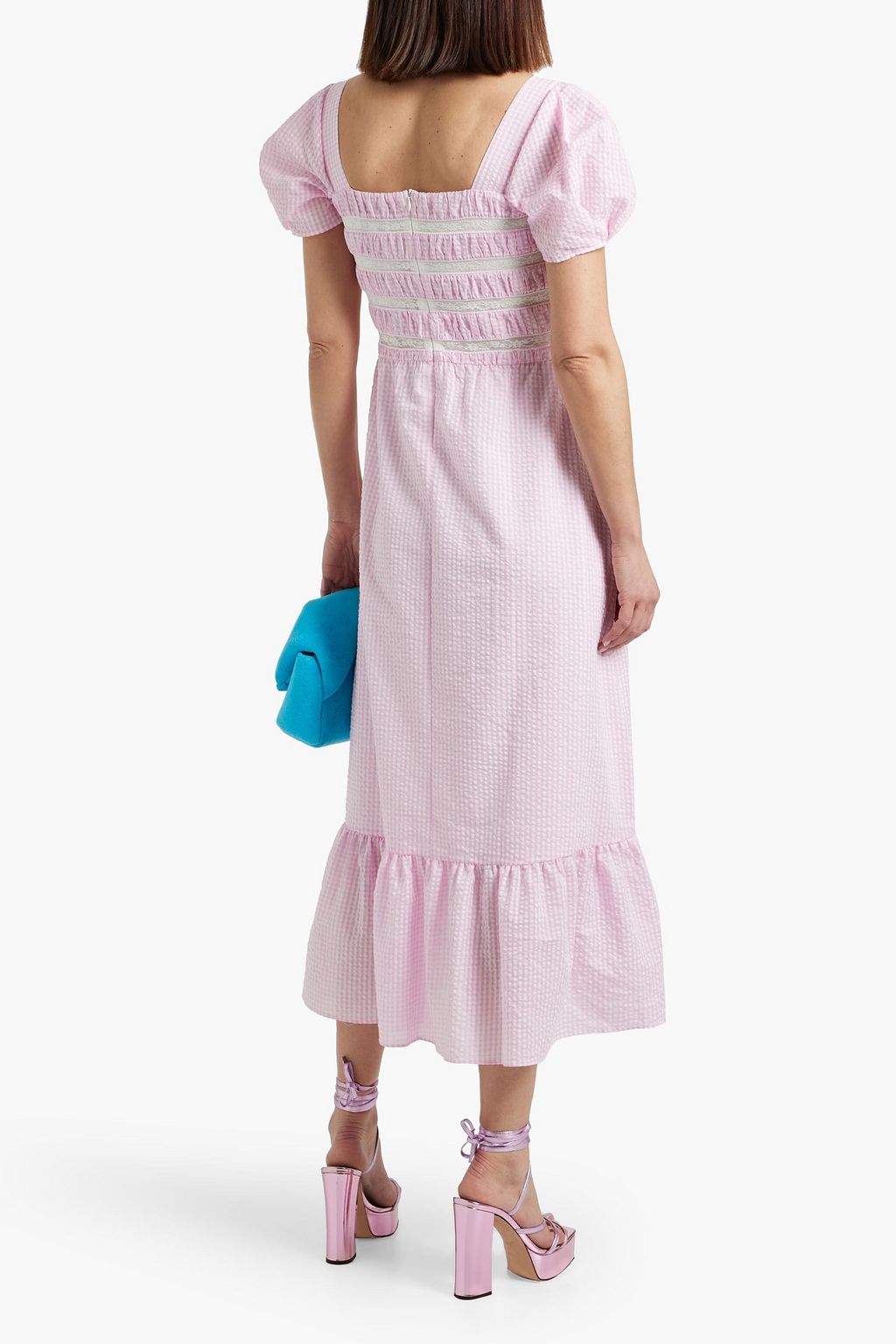 HVN Fromer lace-trimmed gingham cotton-seersucker midi dress
