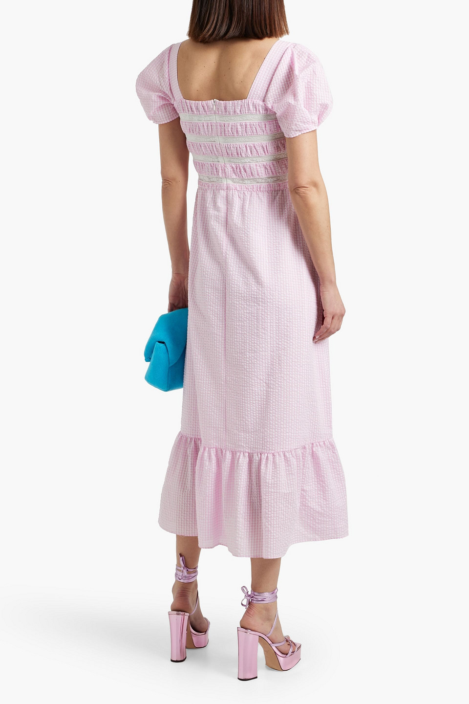 HVN FROMER LACE-TRIMMED GINGHAM COTTON-SEERSUCKER MIDI DRESS