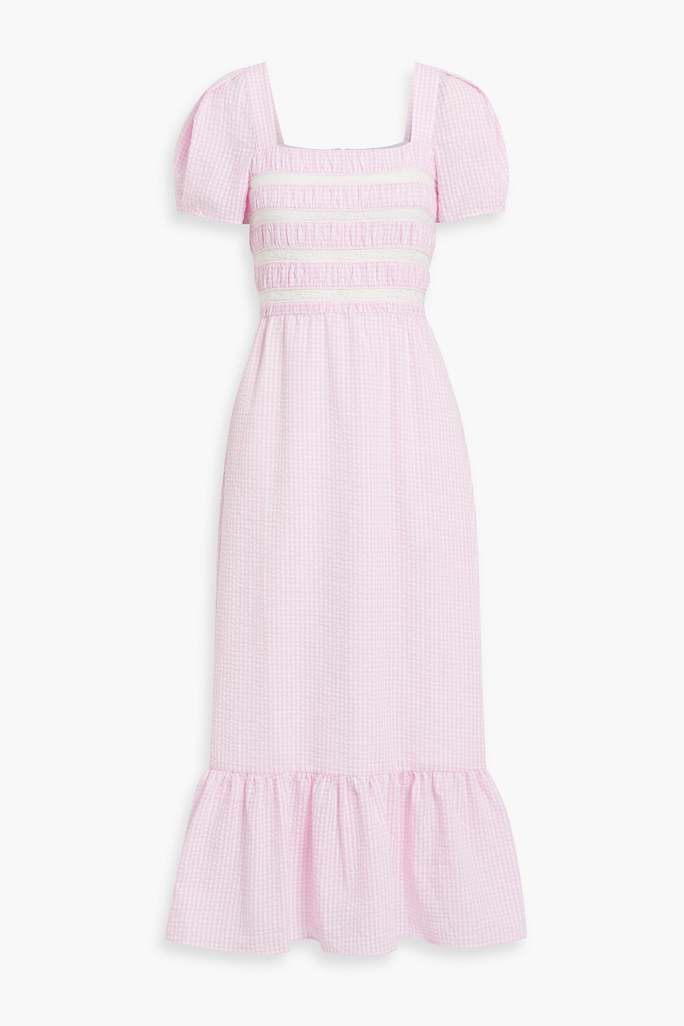 Hvn Fromer Lace-trimmed Gingham Cotton-seersucker Midi Dress In Pink