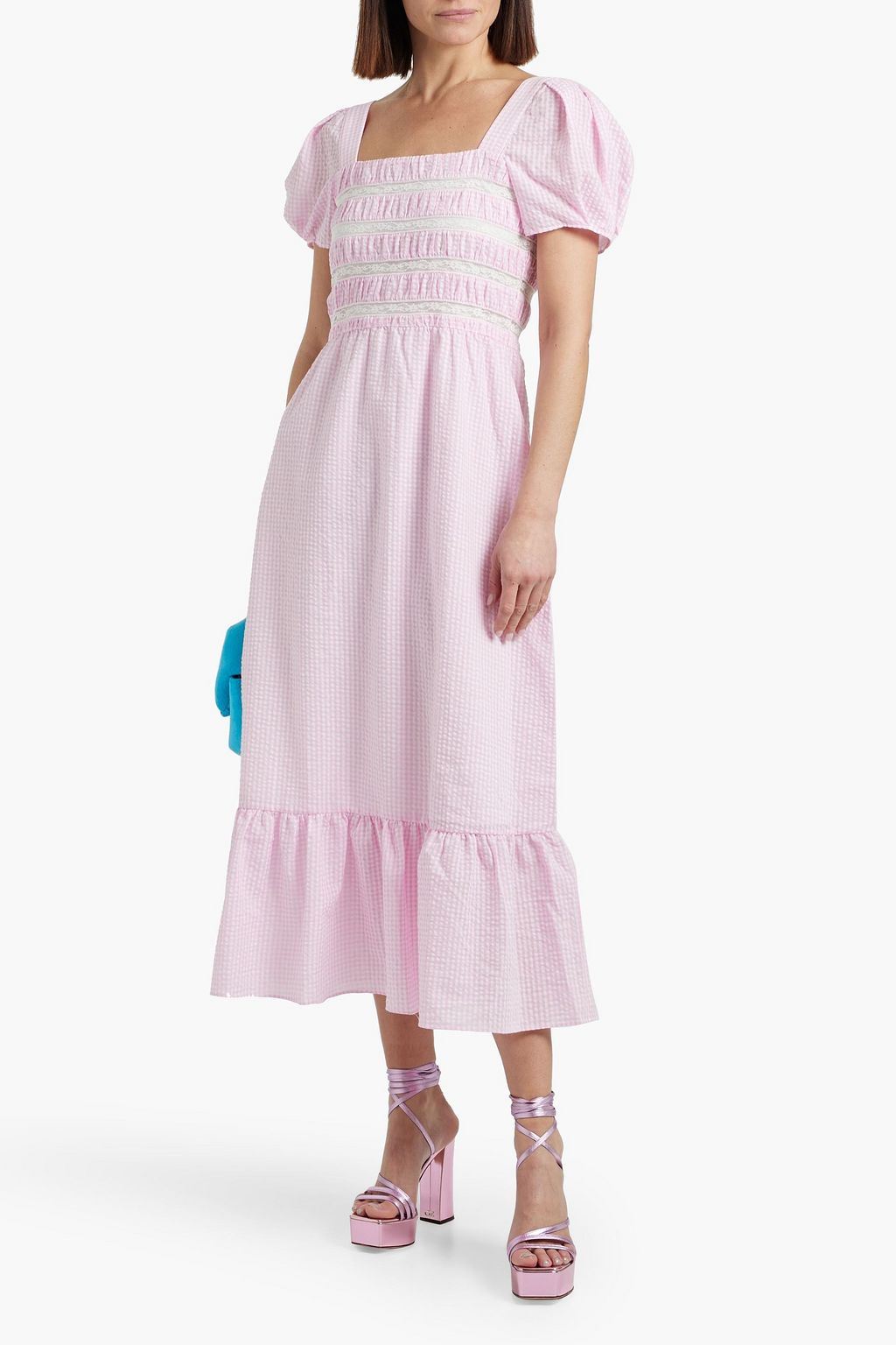 HVN Fromer lace-trimmed gingham cotton-seersucker midi dress