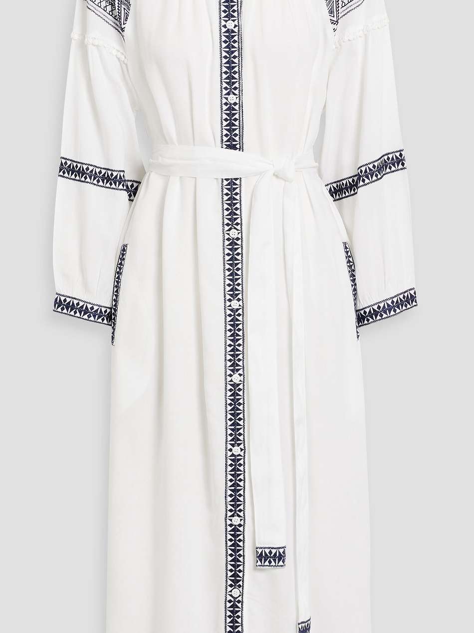 ally belted embroidered voile midi dress
