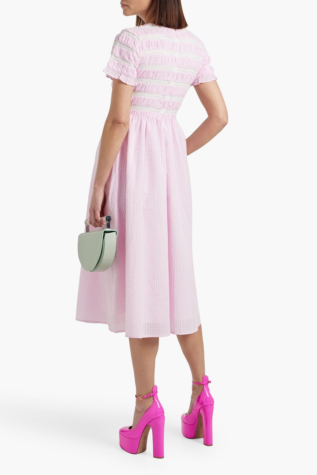 HVN Willow lace-trimmed gingham cotton-seersucker midi dress