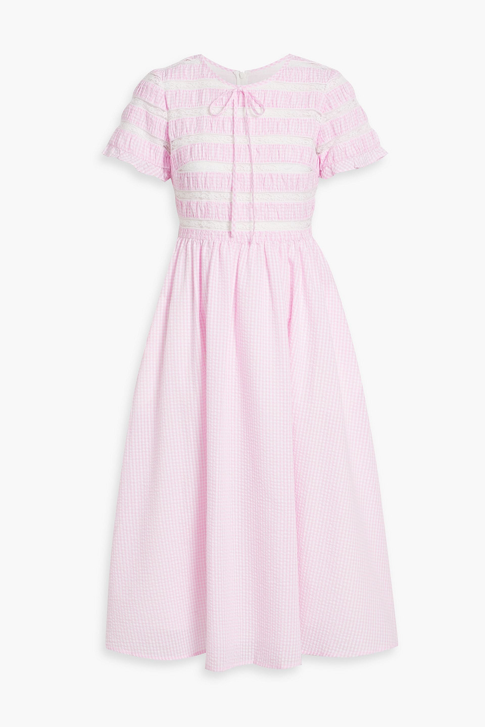 Hvn Willow Lace-trimmed Gingham Cotton-seersucker Midi Dress In Pink