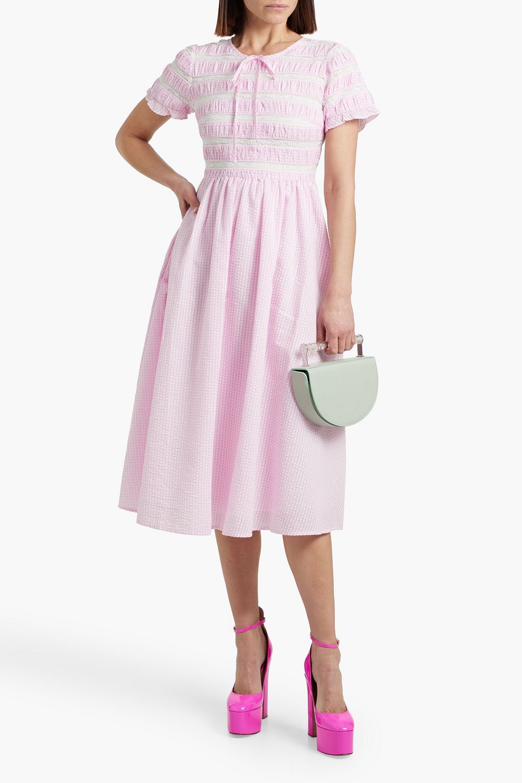 HVN Willow lace-trimmed gingham cotton-seersucker midi dress