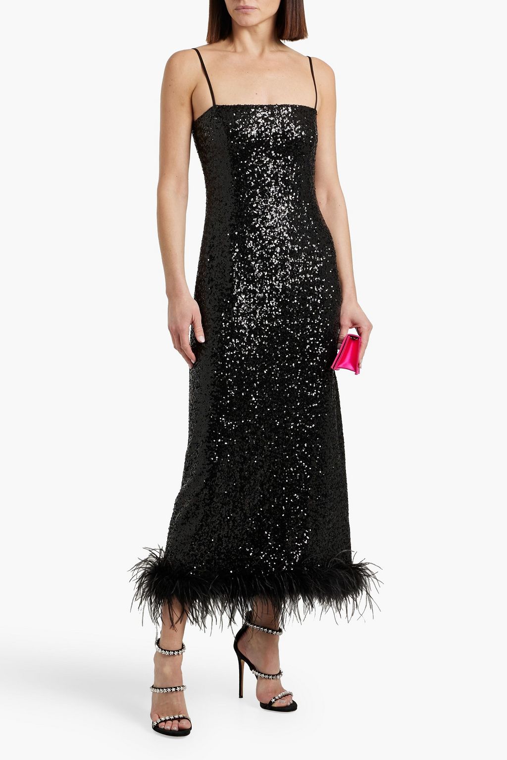 HVN Cora feather-trimmed sequined tulle maxi dress
