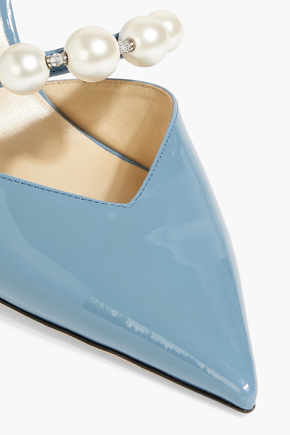JIMMY CHOO AURELIE 85 FAUX PEARL-EMBELLISHED PATENT-LEATHER PUMPS