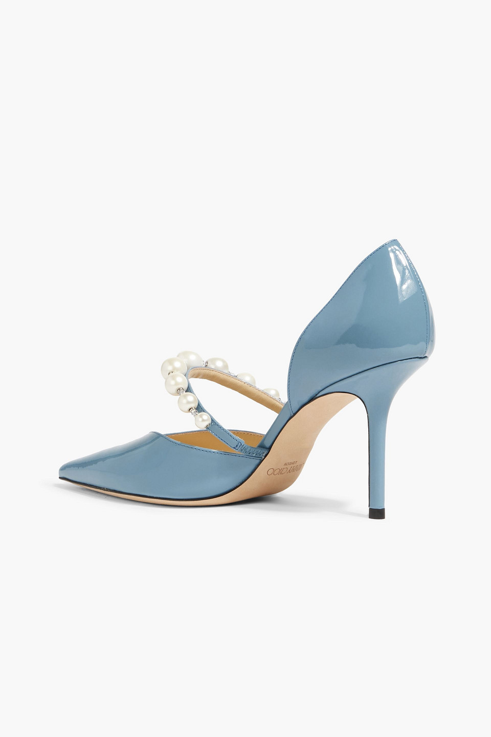 Shop Jimmy Choo Aurelie 85 Faux Pearl-embellished Patent-leather Pumps In Slate Blue